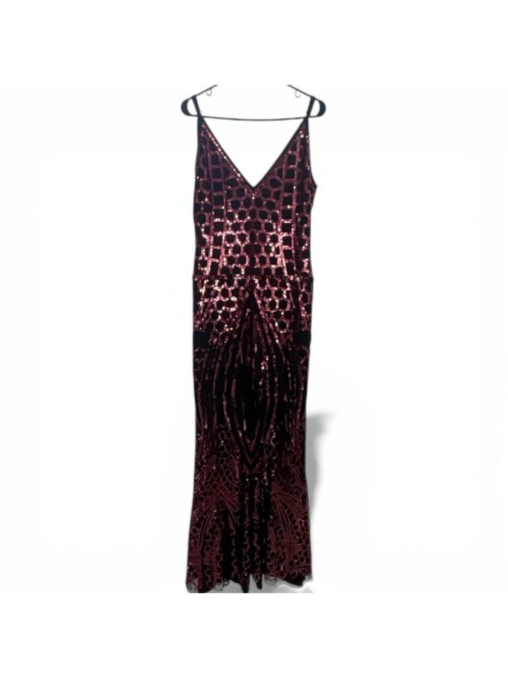 VIJIV 1920s Art Deco Sequin Mermaid Gown XL Crimson Red V-Neck Slit prom